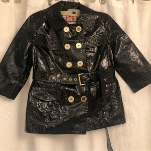 Juicy Couture Black Patent Y2K Rain Coat Blazer Jacket Gold Buttons 3/4 Slv